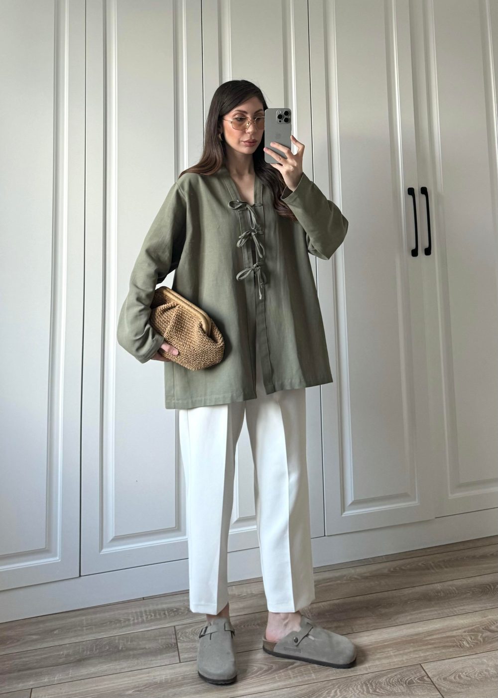 Önü Bağlamalı Haki Keten Kimono