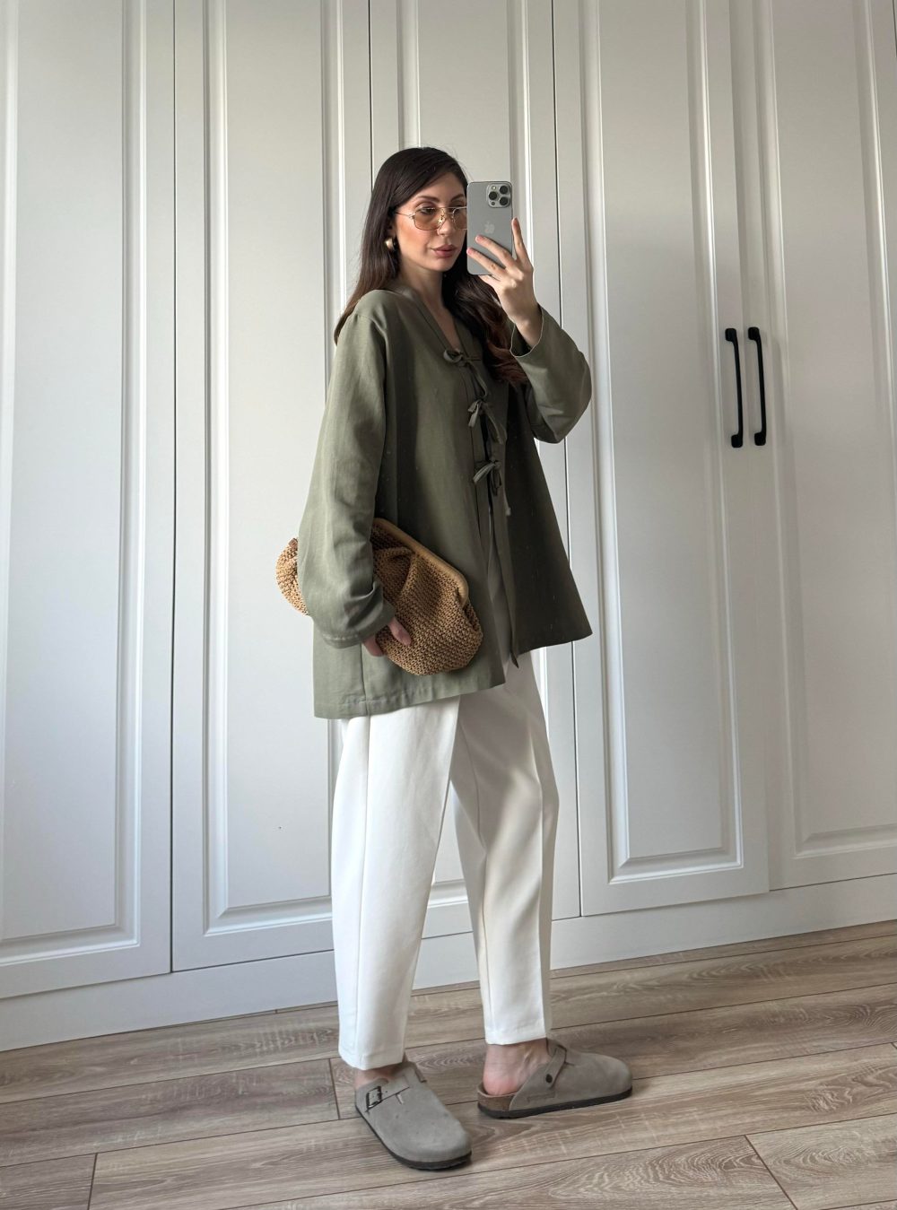 Önü Bağlamalı Haki Keten Kimono - Görsel 2