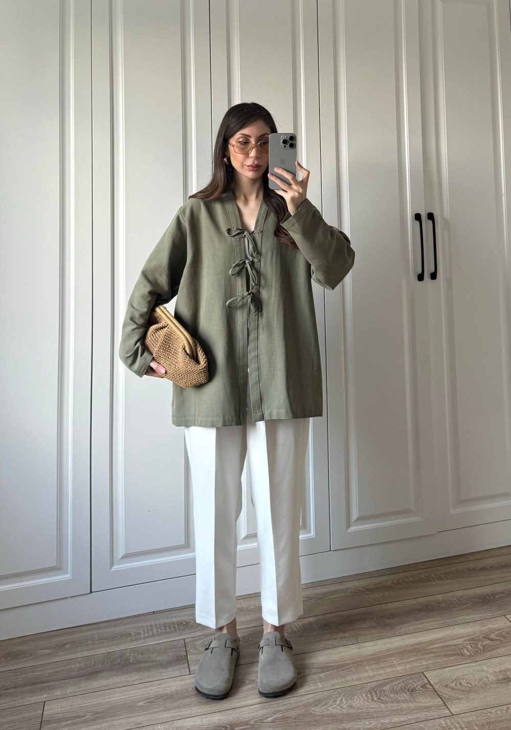 Önü Bağlamalı Haki Keten Kimono - Görsel 3