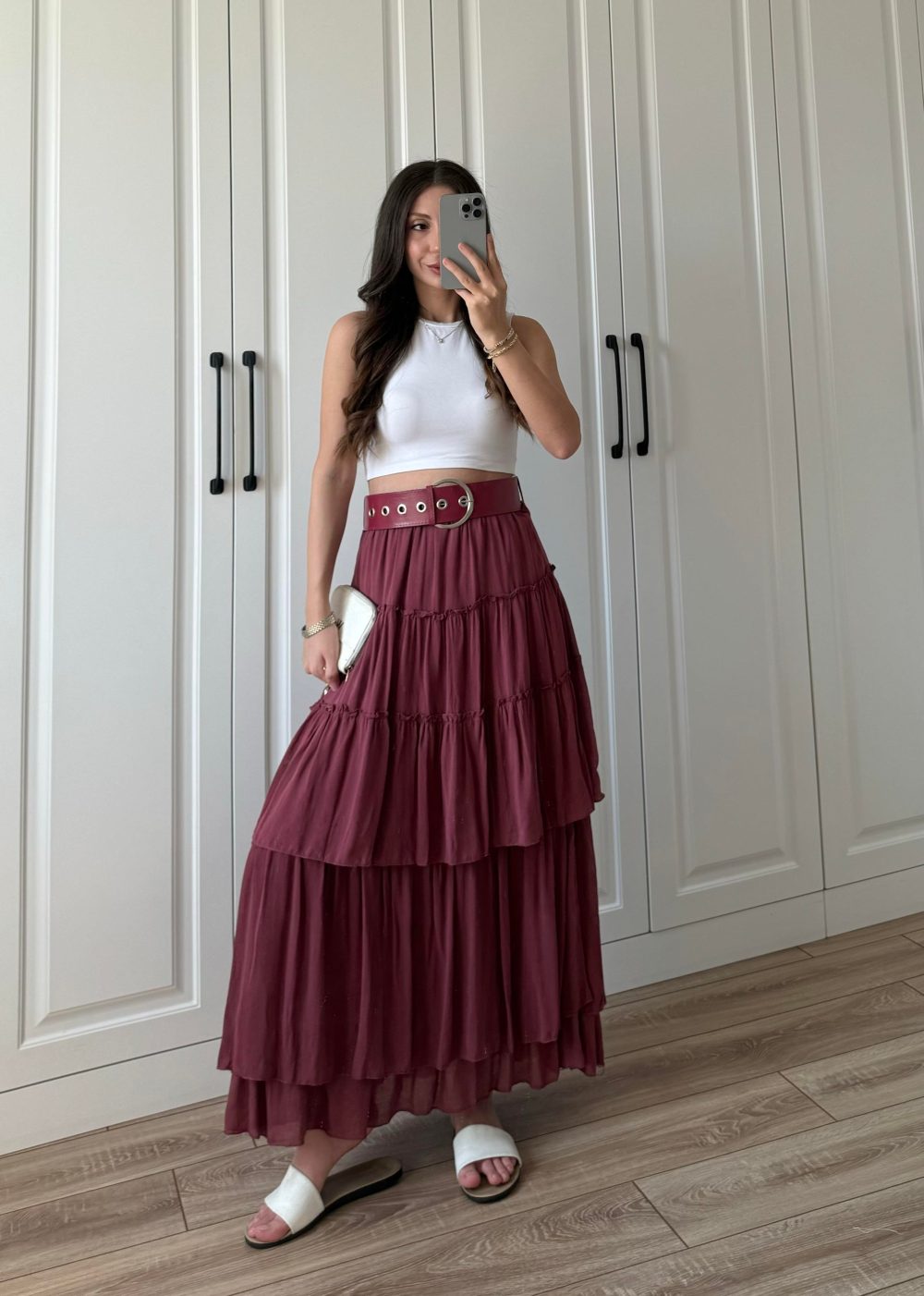 Katlı Boho Vual Kemerli Bordo Etek - Görsel 2