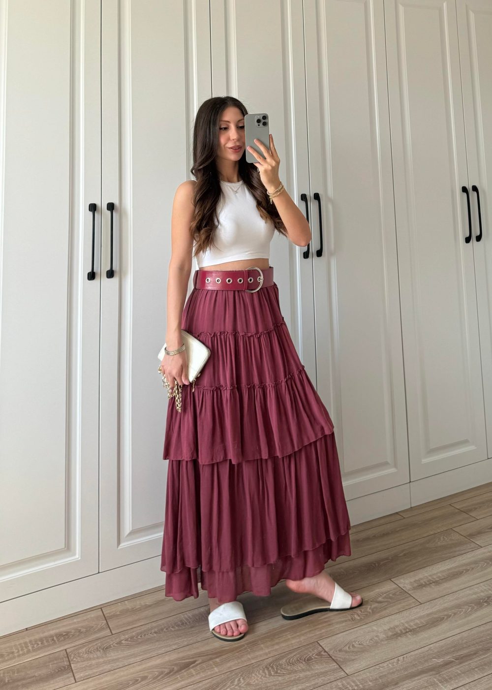 Katlı Boho Vual Kemerli Bordo Etek