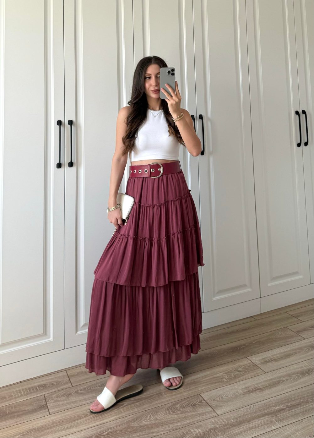Katlı Boho Vual Kemerli Bordo Etek - Görsel 4