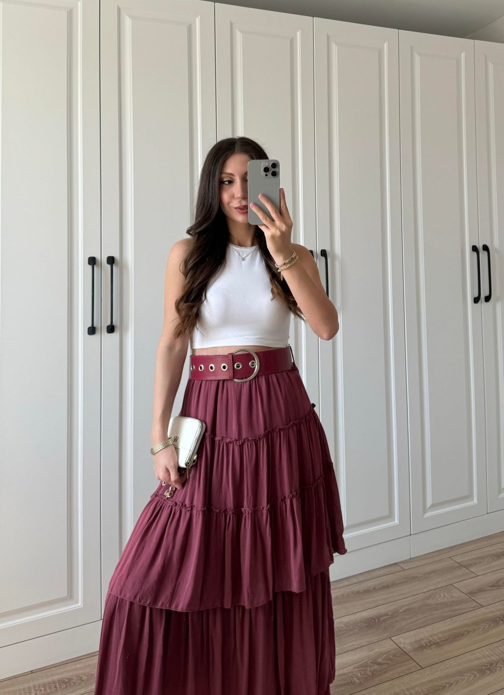 Katlı Boho Vual Kemerli Bordo Etek - Görsel 3