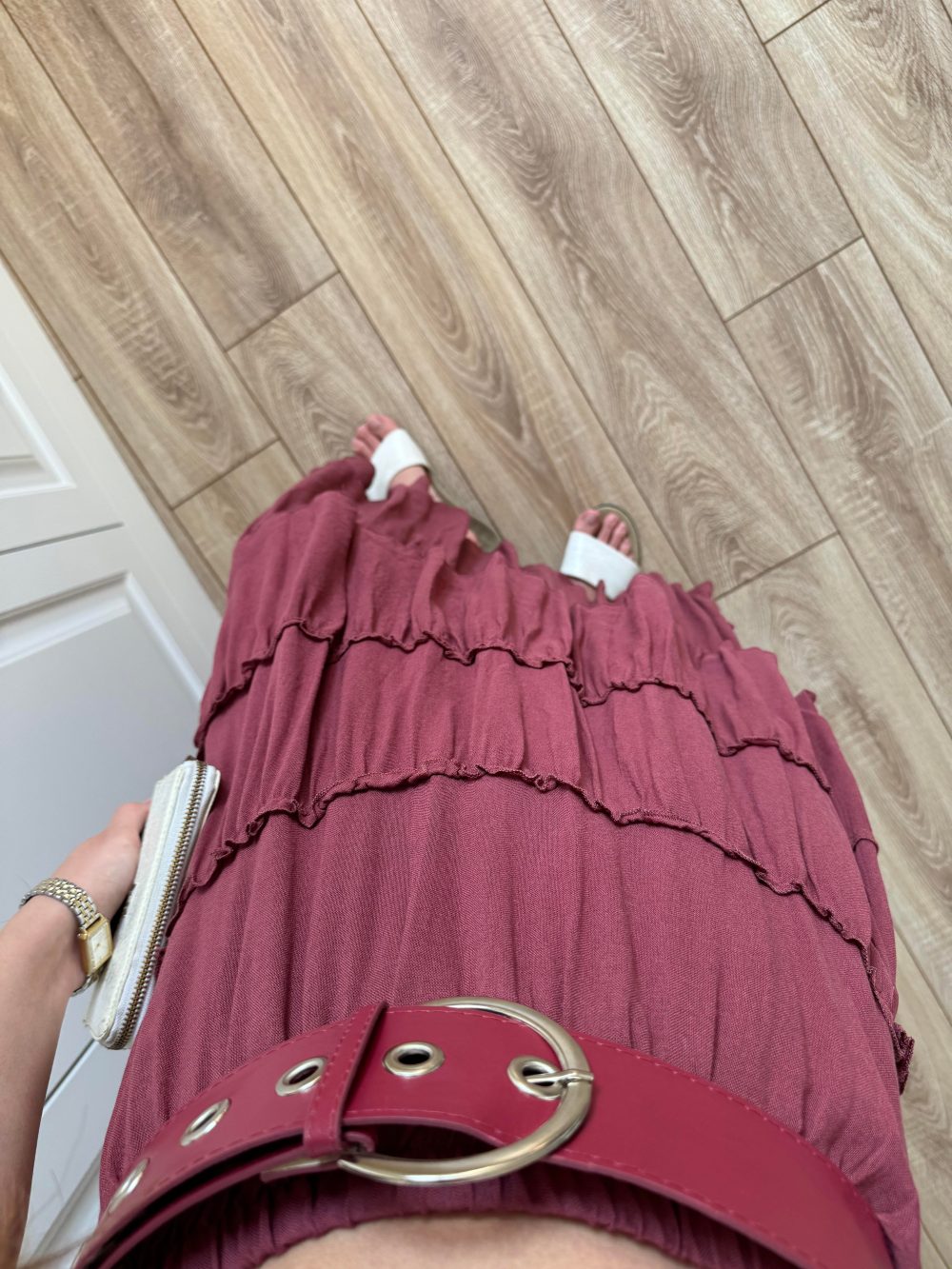 Katlı Boho Vual Kemerli Bordo Etek - Görsel 6