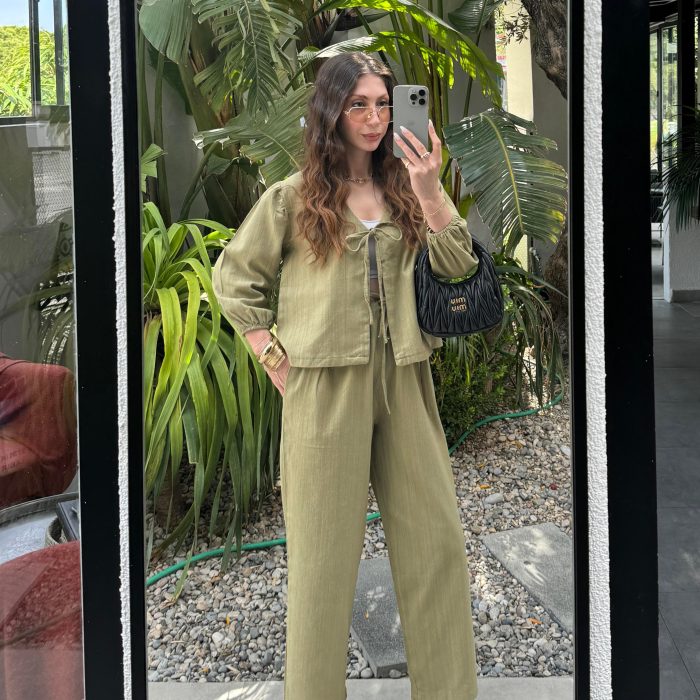 Diana Önü Bağlamalı Kısa Keten Haki Kimono Takım
