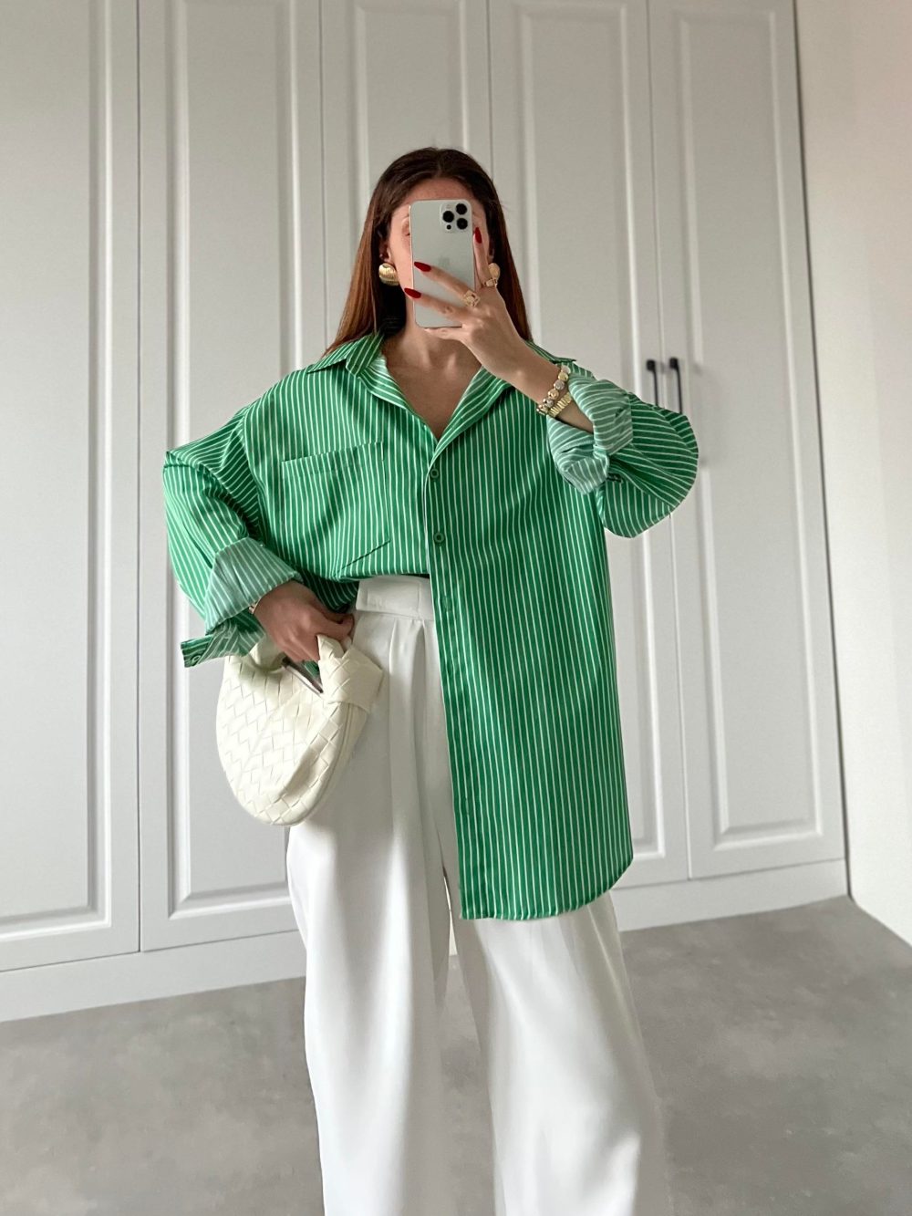 Zr Etiketli Oversize Çizgili Yeşil Poplin Gömlek