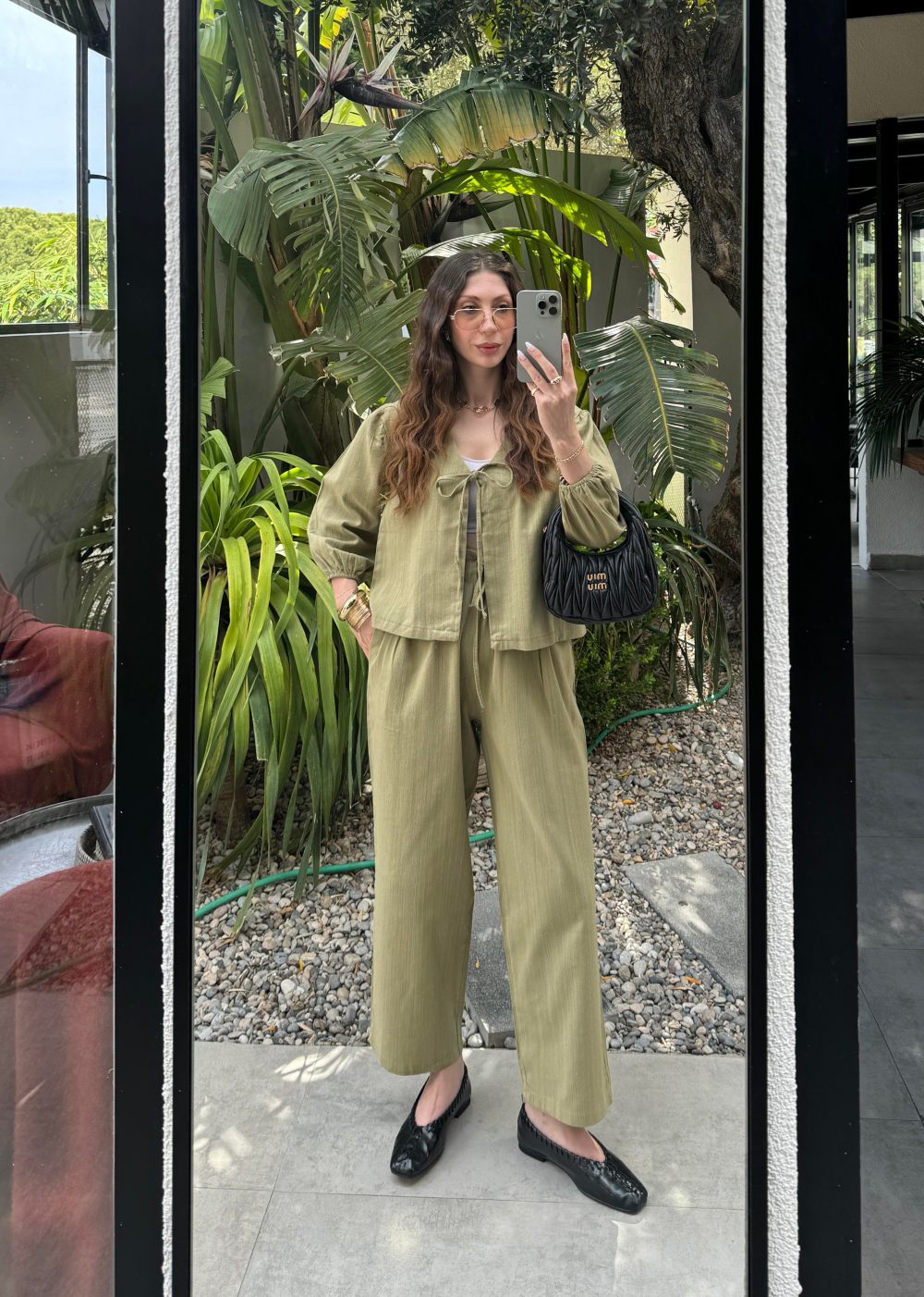 Diana Önü Bağlamalı Kısa Keten Haki Kimono Takım - Görsel 2