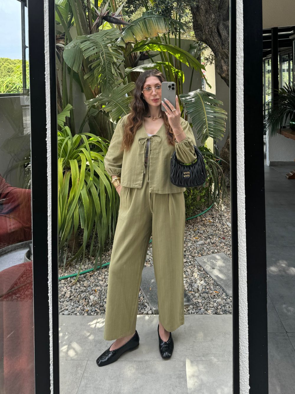 Diana Önü Bağlamalı Kısa Keten Haki Kimono Takım - Görsel 4