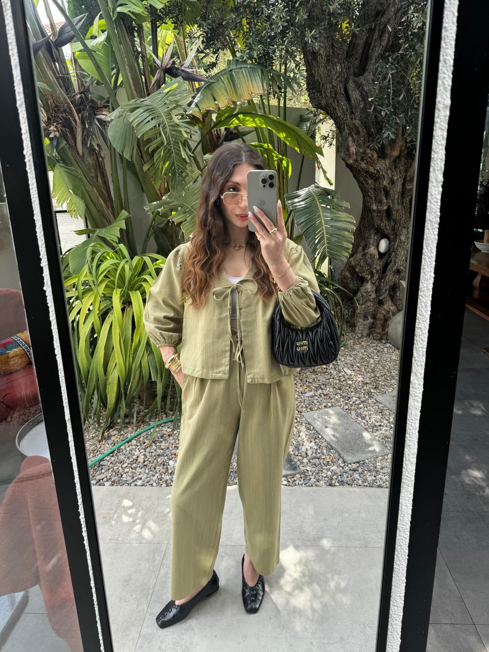 Diana Önü Bağlamalı Kısa Keten Haki Kimono Takım - Görsel 6