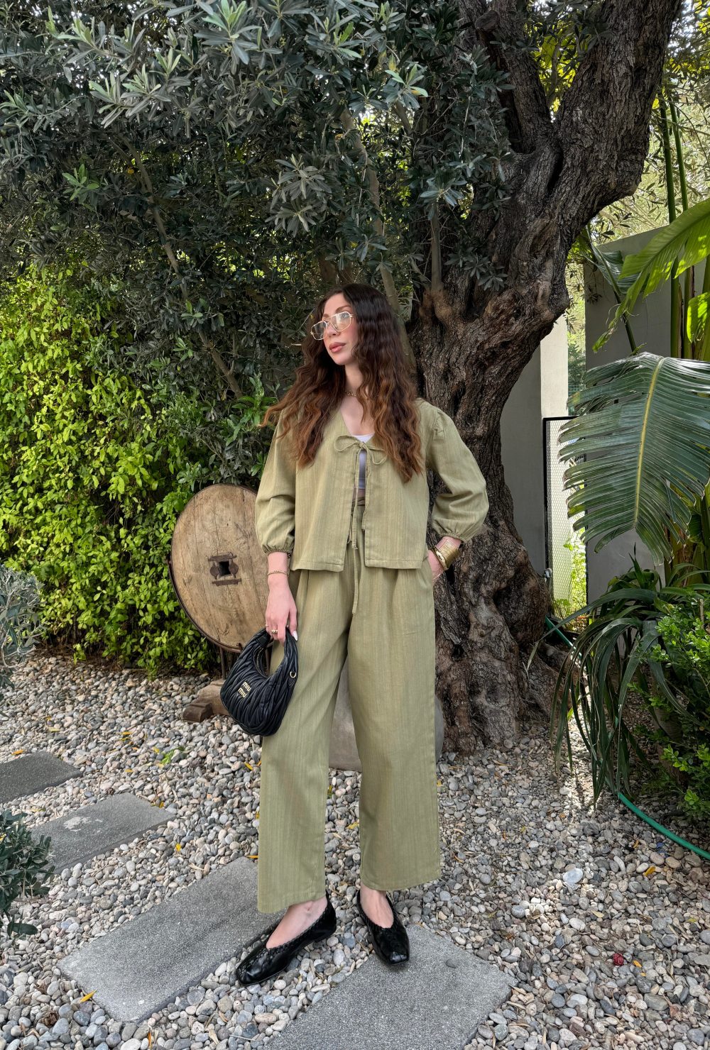Diana Önü Bağlamalı Kısa Keten Haki Kimono Takım - Görsel 5