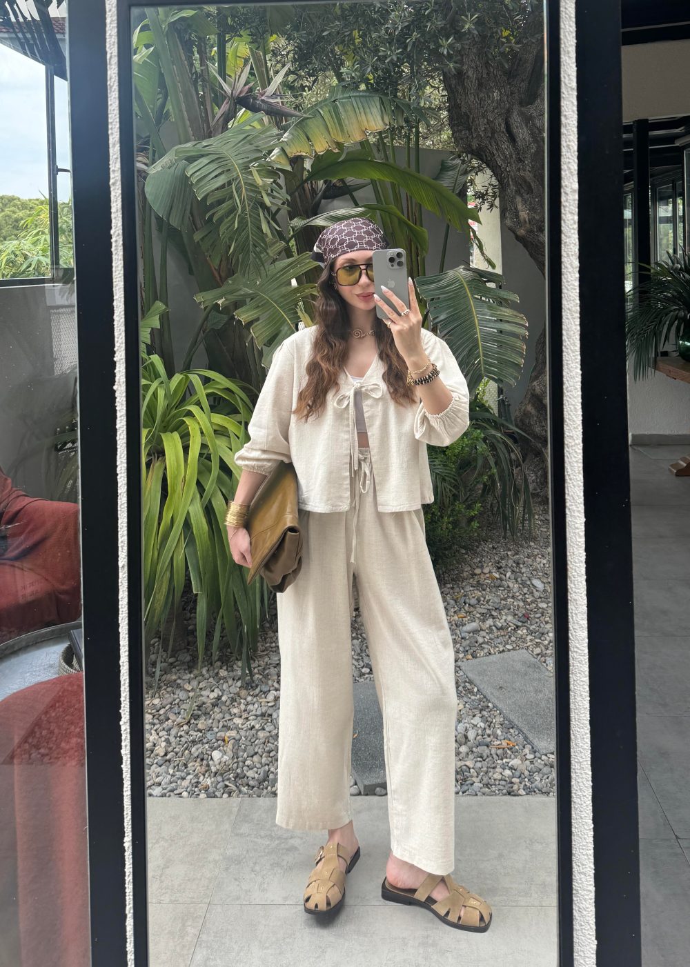 Diana Önü Bağlamalı Kısa Keten Taş Kimono Takım - Görsel 5