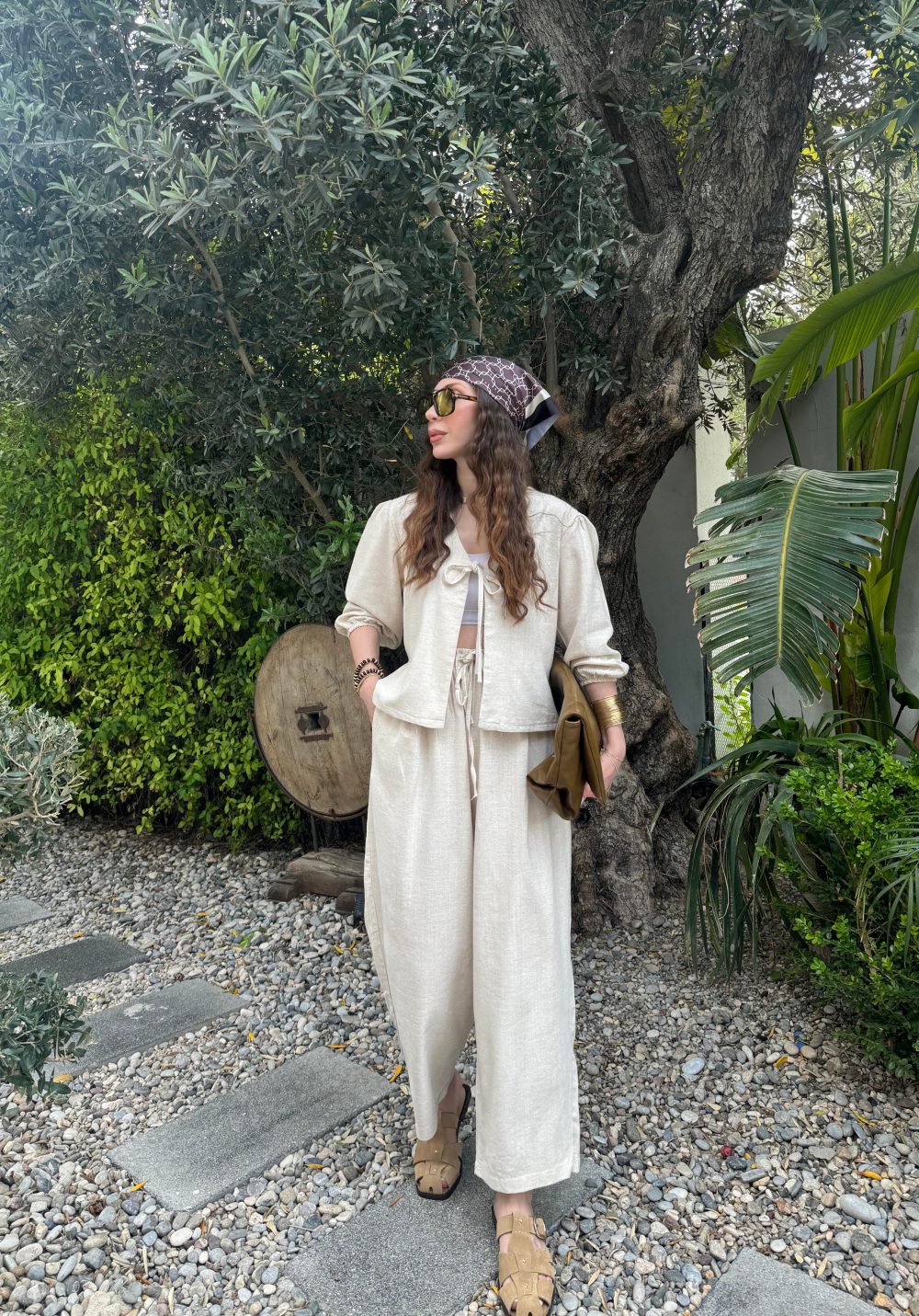 Diana Önü Bağlamalı Kısa Keten Taş Kimono Takım - Görsel 4