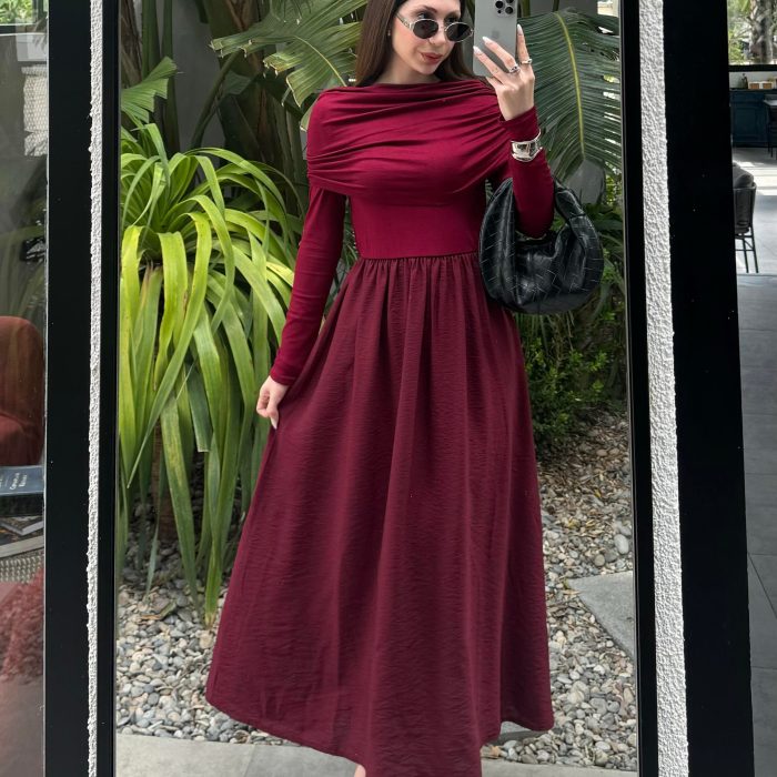 Ayla Büzgü Yaka Tasarım Bordo Elbise