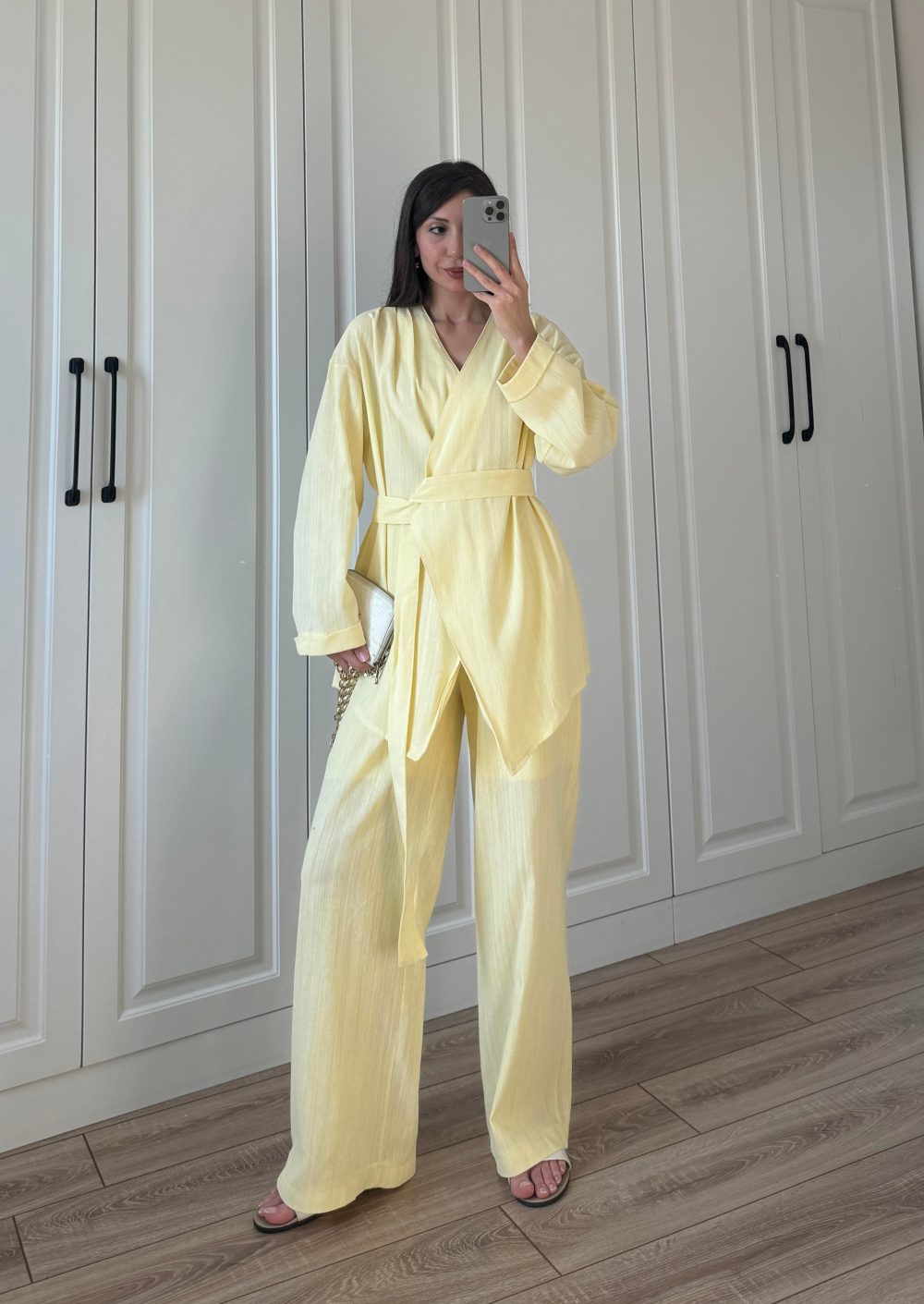 Viyana Tasarım Bağlamalı Keten Sarı Kimono Takım