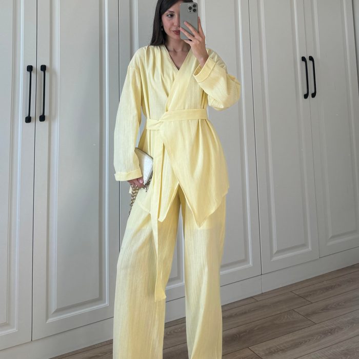 Viyana Tasarım Bağlamalı Keten Sarı Kimono Takım