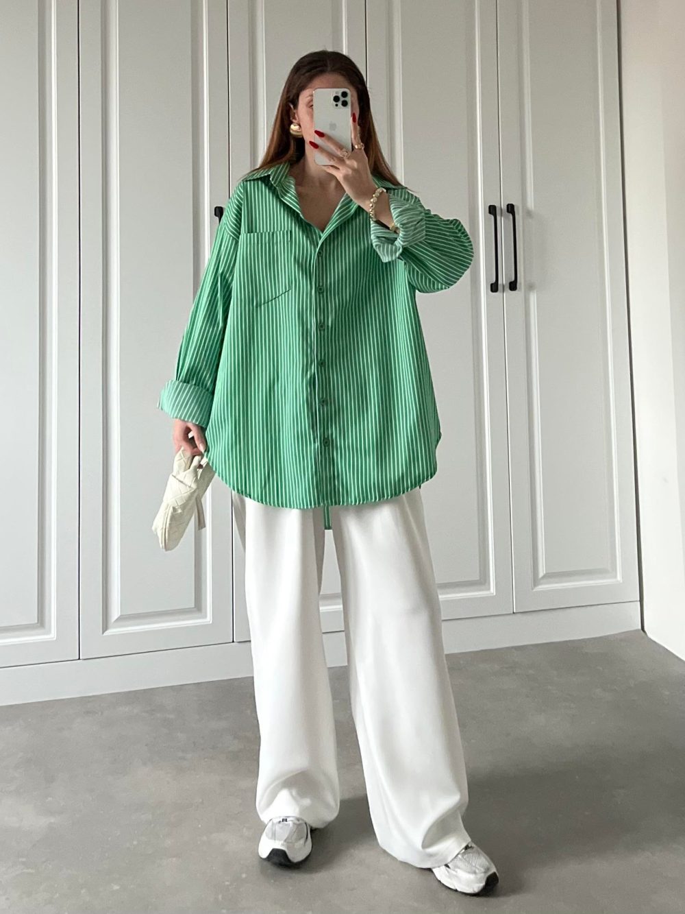 Zr Etiketli Oversize Çizgili Yeşil Poplin Gömlek - Görsel 7
