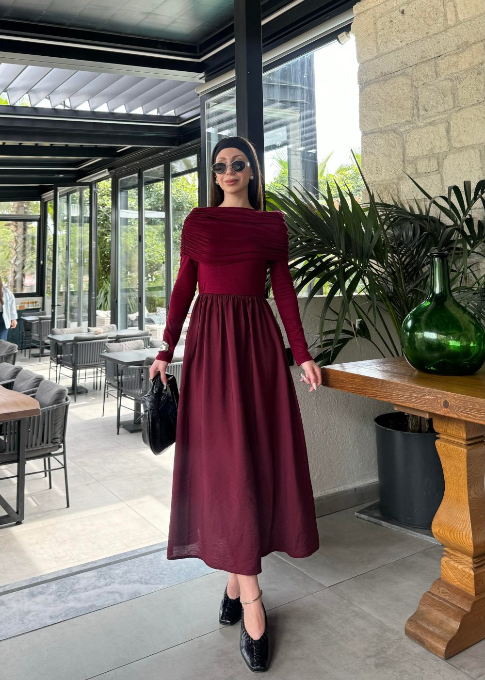 Ayla Büzgü Yaka Tasarım Bordo Elbise - Görsel 4