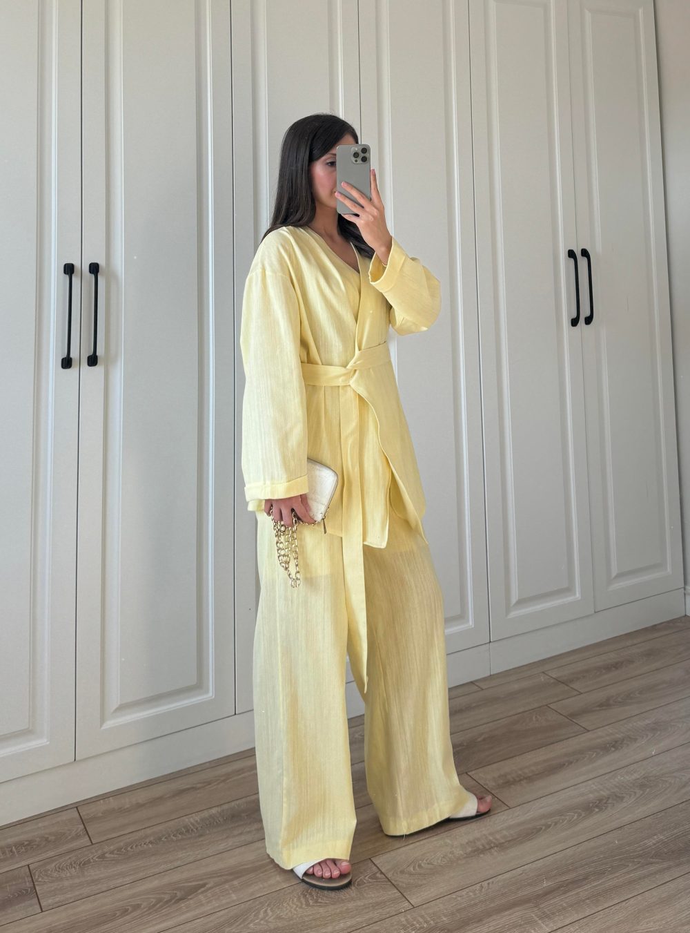 Viyana Tasarım Bağlamalı Keten Sarı Kimono Takım - Görsel 2