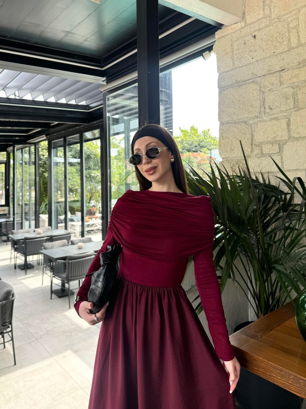 Ayla Büzgü Yaka Tasarım Bordo Elbise - Görsel 6