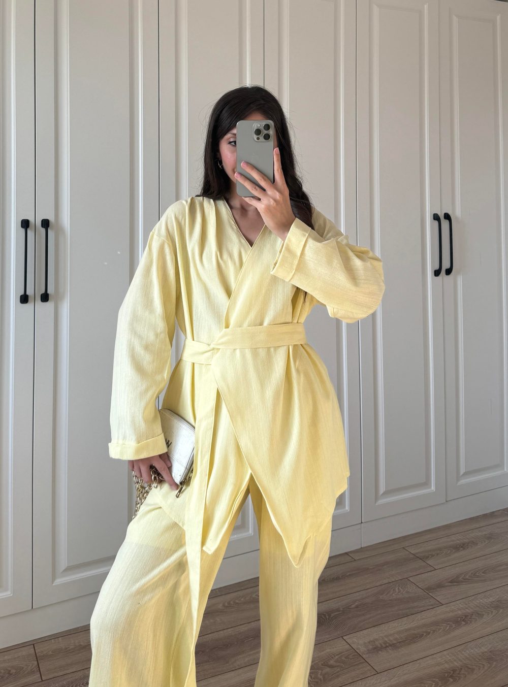 Viyana Tasarım Bağlamalı Keten Sarı Kimono Takım - Görsel 3