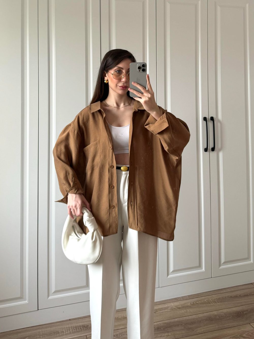Camel Oversize Tensel Gömlek - Görsel 6