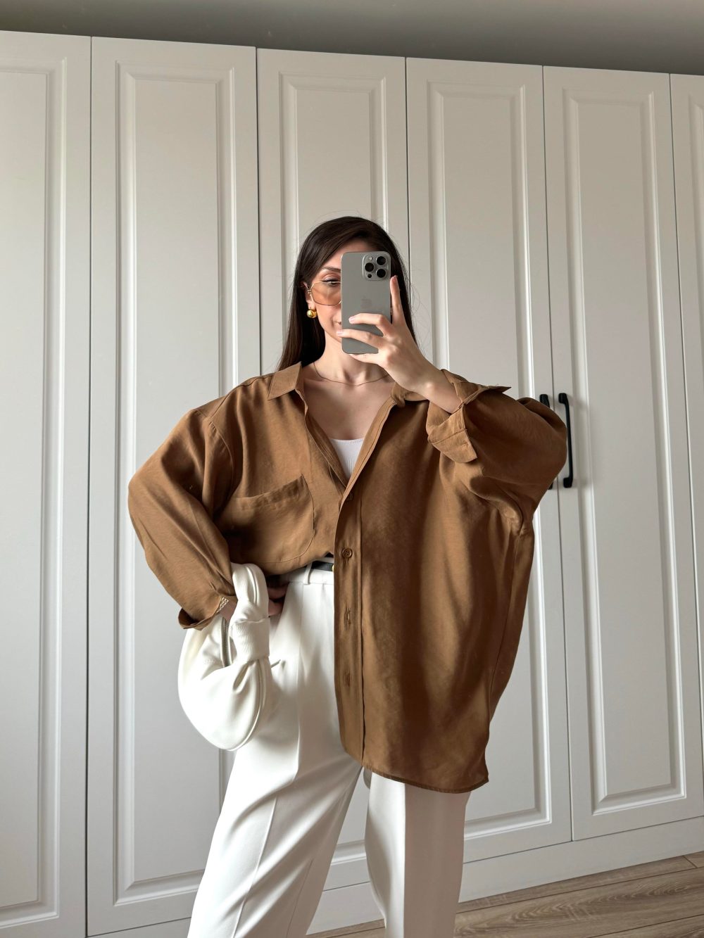 Camel Oversize Tensel Gömlek