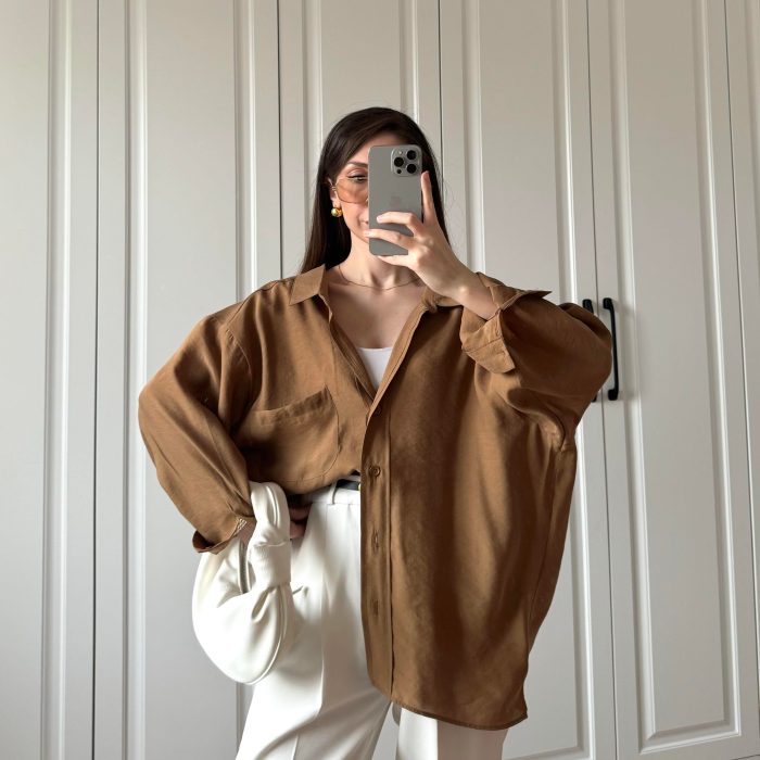 Camel Oversize Tensel Gömlek