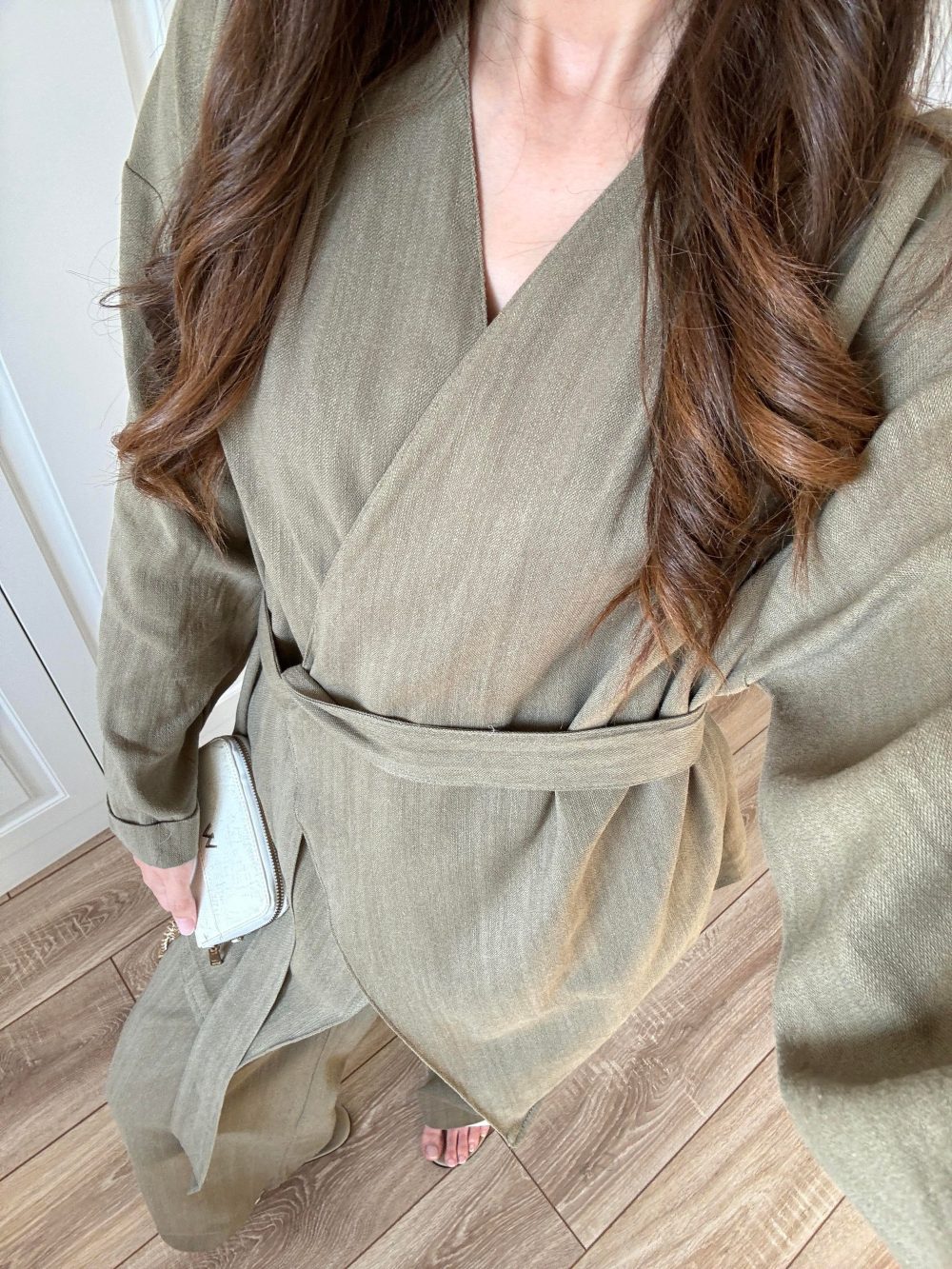 Viyana Tasarım Bağlamalı Keten Haki Kimono Takım - Görsel 3