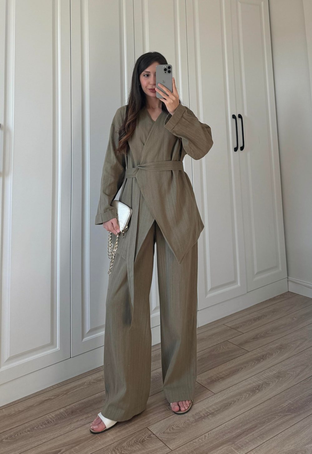 Viyana Tasarım Bağlamalı Keten Haki Kimono Takım