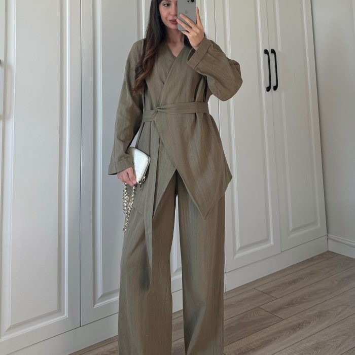 Viyana Tasarım Bağlamalı Keten Haki Kimono Takım