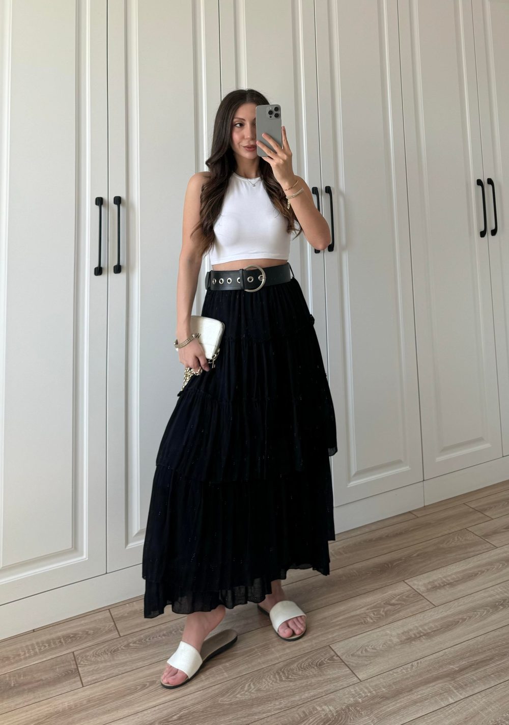Katlı Boho Vual Kemerli Siyah Etek