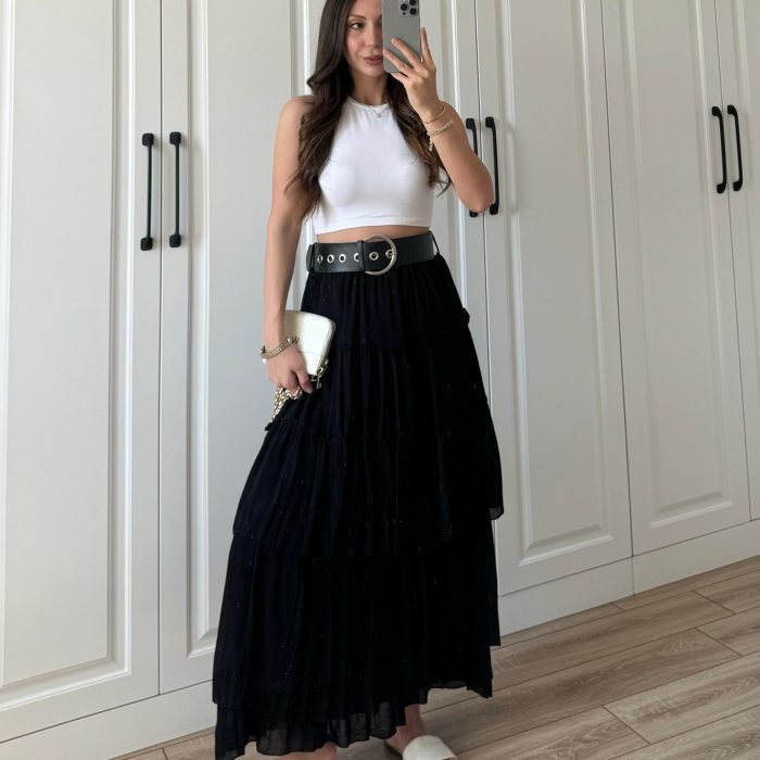 Katlı Boho Vual Kemerli Siyah Etek