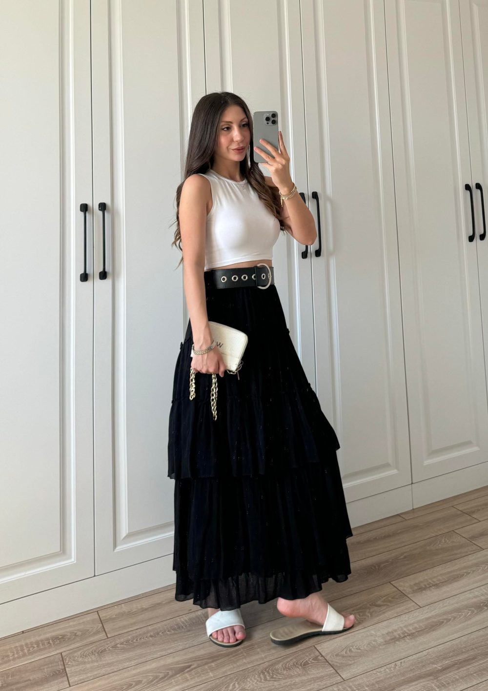 Katlı Boho Vual Kemerli Siyah Etek - Görsel 4