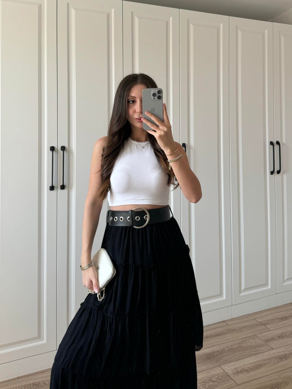 Katlı Boho Vual Kemerli Siyah Etek - Görsel 3