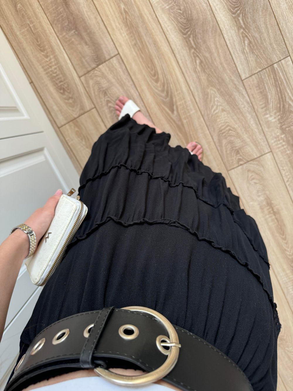 Katlı Boho Vual Kemerli Siyah Etek - Görsel 5