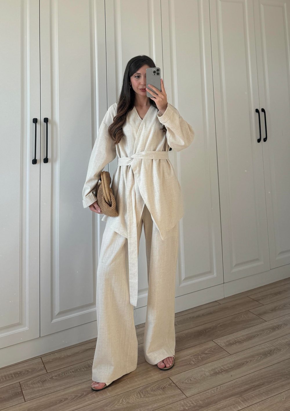 Viyana Tasarım Bağlamalı Keten Taş Kimono Takım