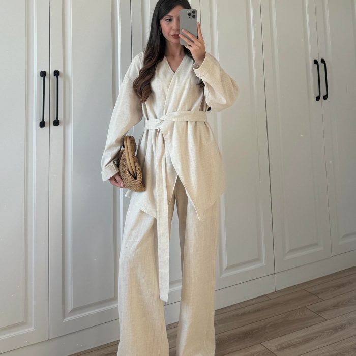 Viyana Tasarım Bağlamalı Keten Taş Kimono Takım