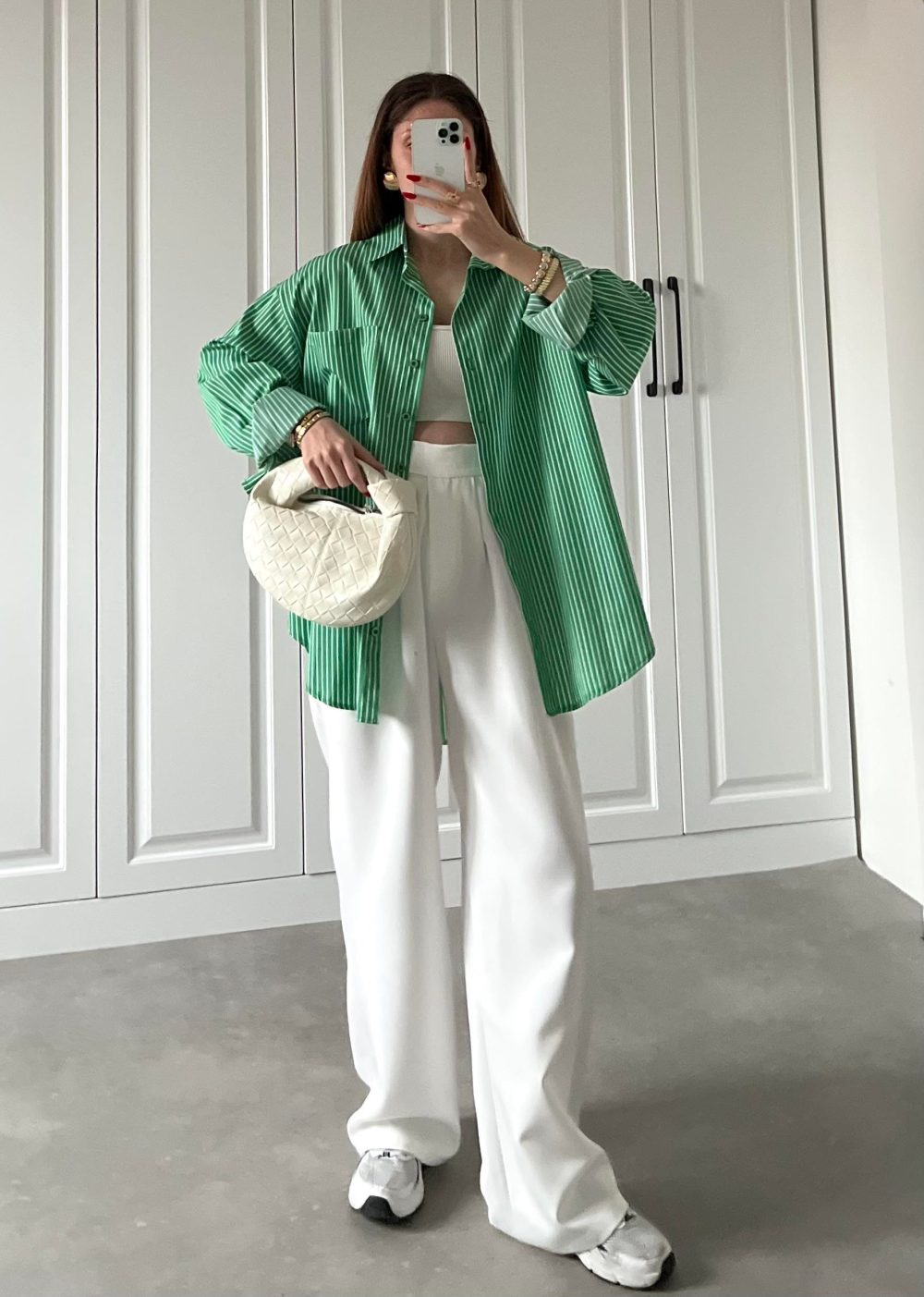 Zr Etiketli Oversize Çizgili Yeşil Poplin Gömlek - Görsel 5