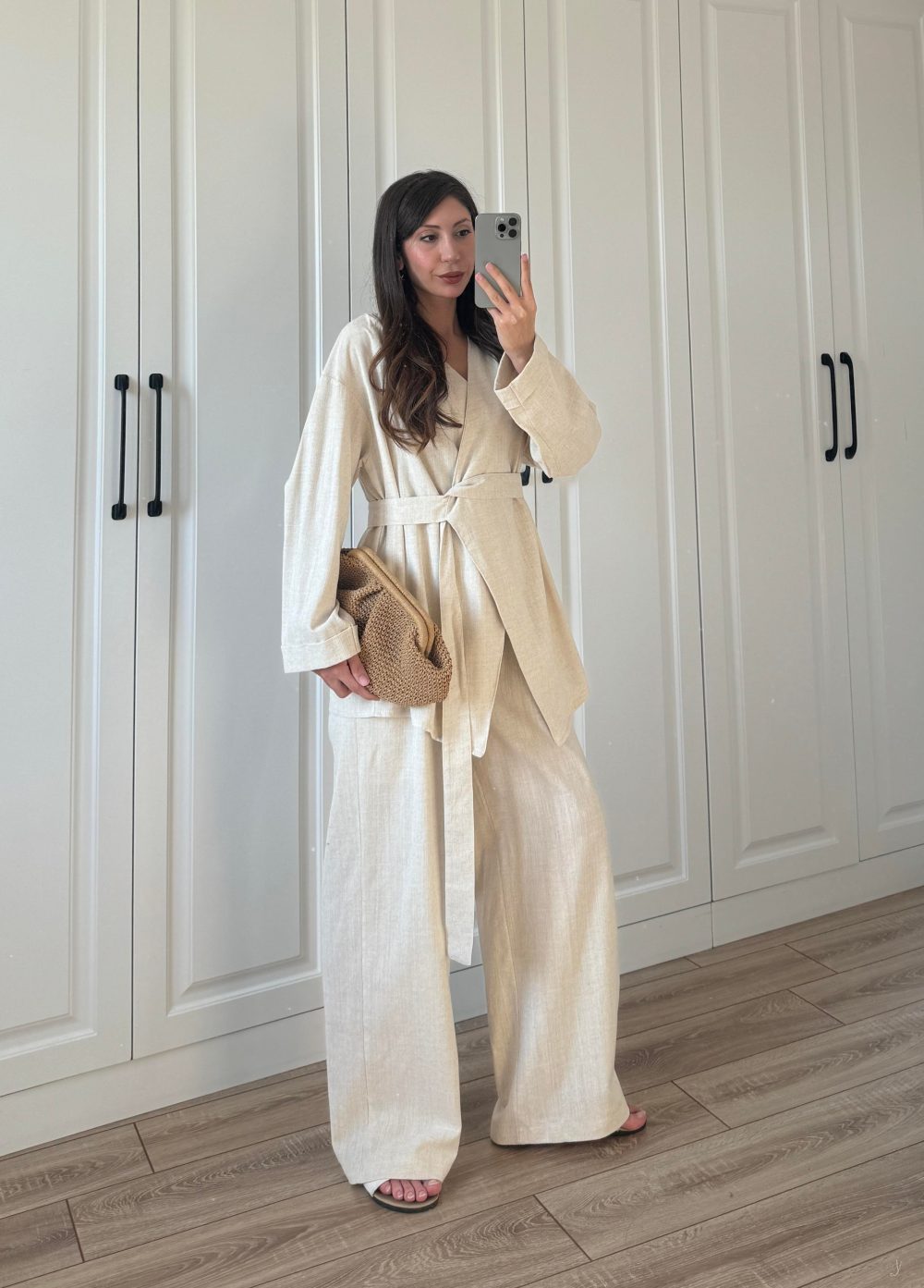 Viyana Tasarım Bağlamalı Keten Taş Kimono Takım - Görsel 2