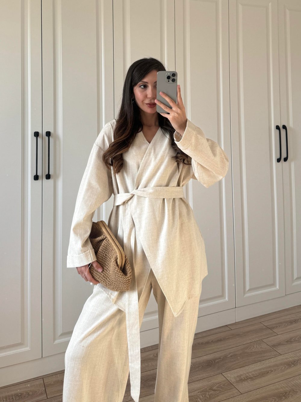 Viyana Tasarım Bağlamalı Keten Taş Kimono Takım - Görsel 3