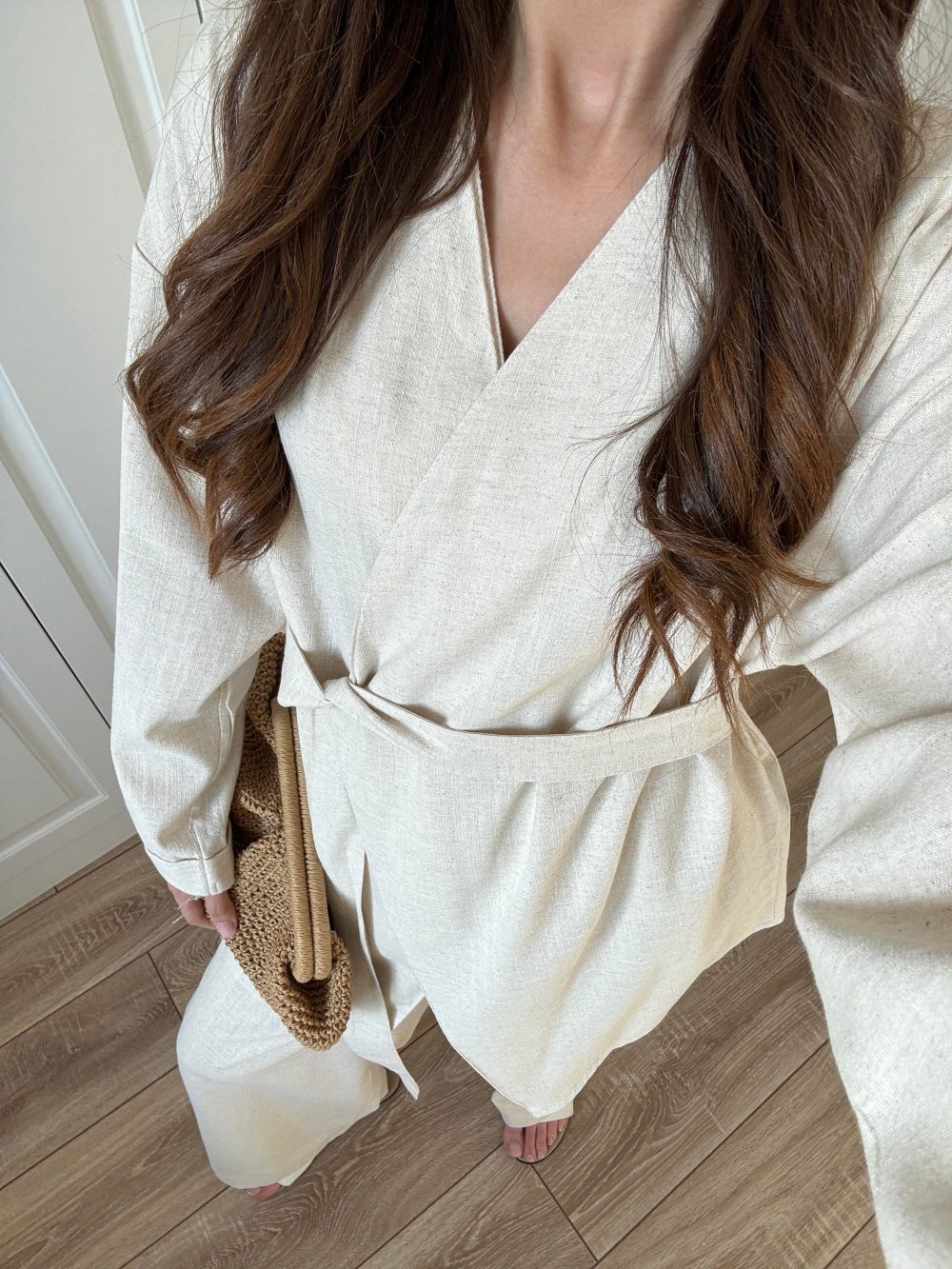 Viyana Tasarım Bağlamalı Keten Taş Kimono Takım - Görsel 5