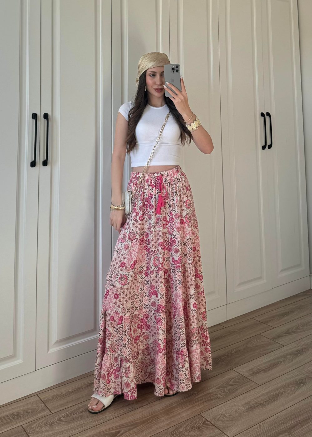 Pembe Çiçekli Uzun Bohem Etek