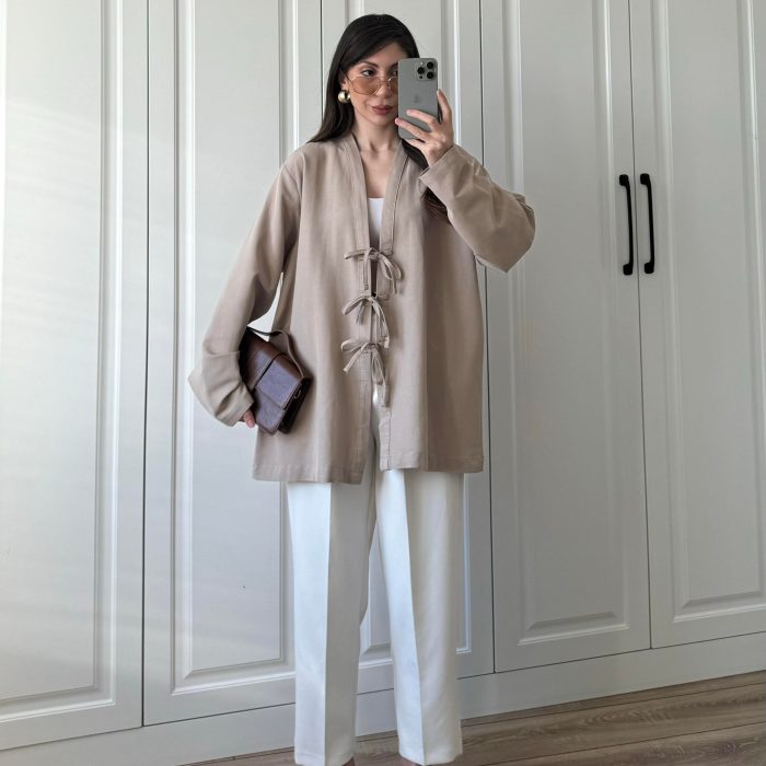 Önü Bağlamalı Vizon Keten Kimono