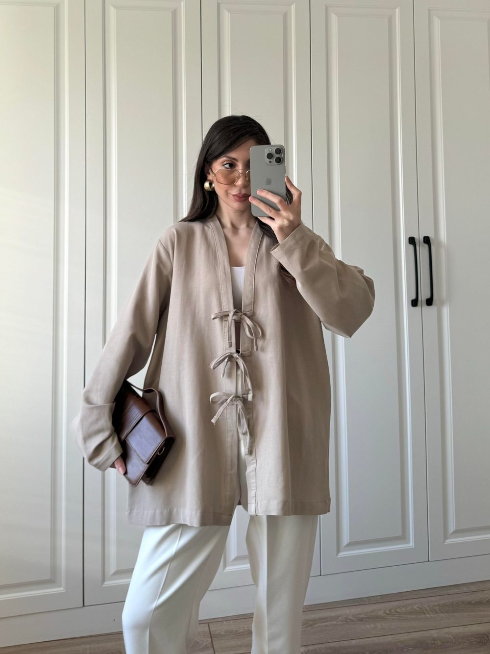 Önü Bağlamalı Vizon Keten Kimono - Görsel 2