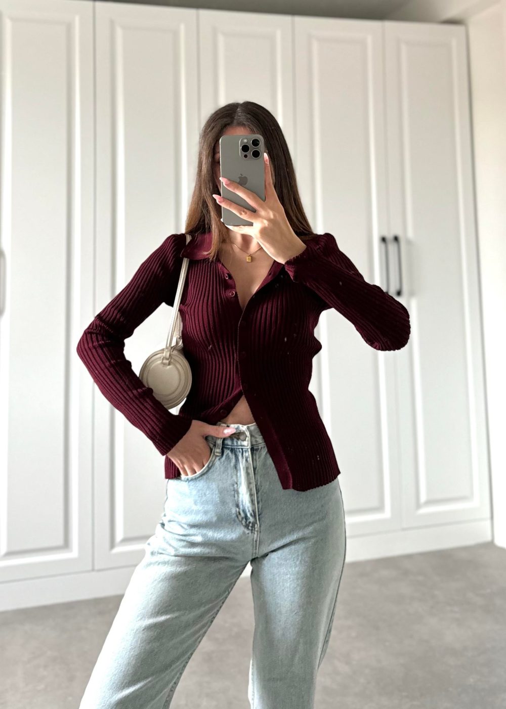 Düğmeli Fitilli Bordo Body - Görsel 2