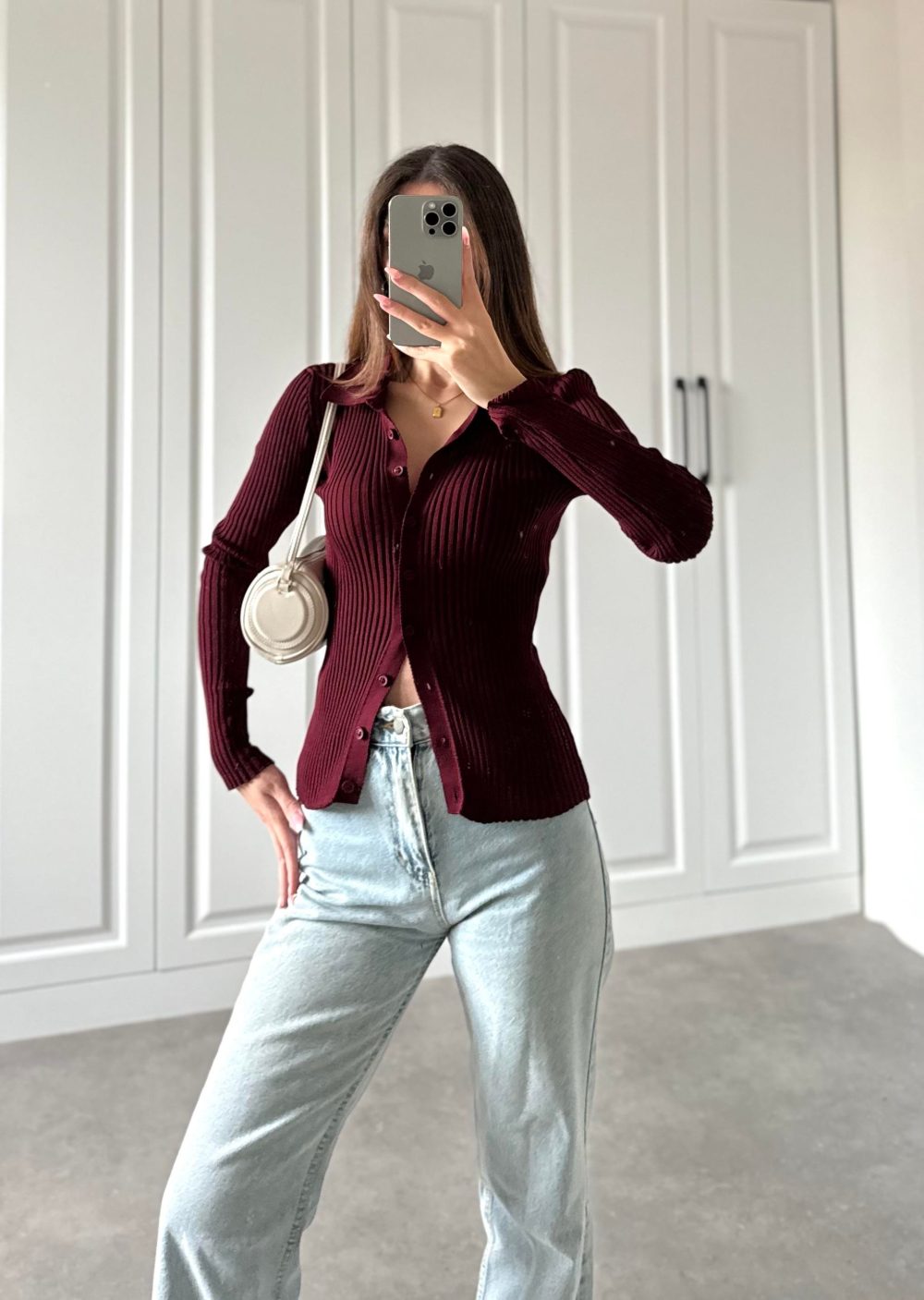 Düğmeli Fitilli Bordo Body - Görsel 6