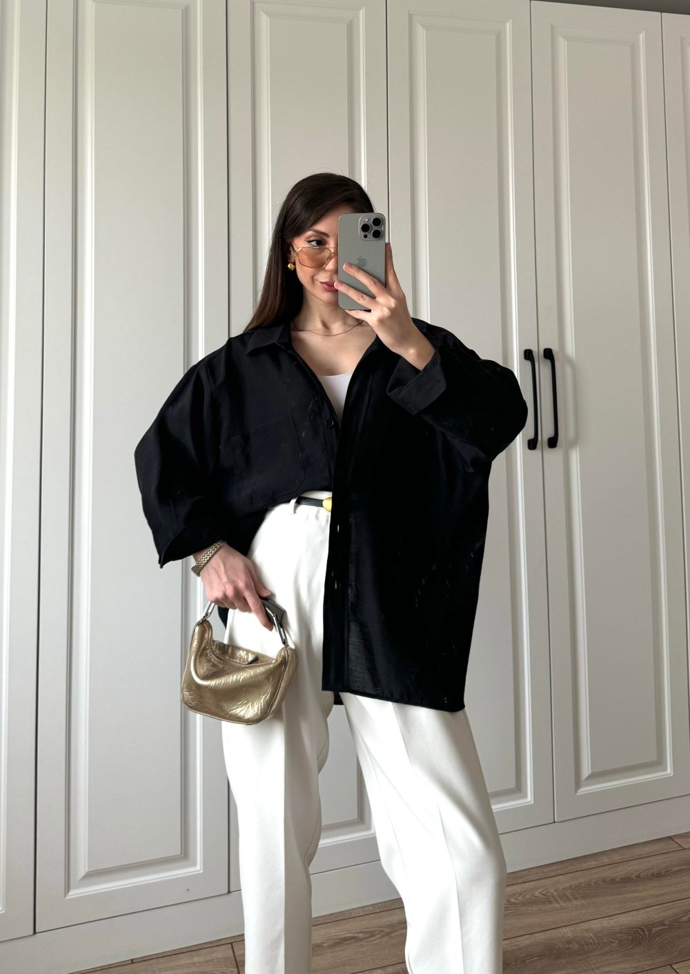 Siyah Oversize Tensel Gömlek - Görsel 4