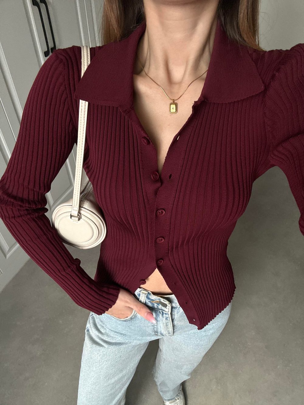 Düğmeli Fitilli Bordo Body - Görsel 4