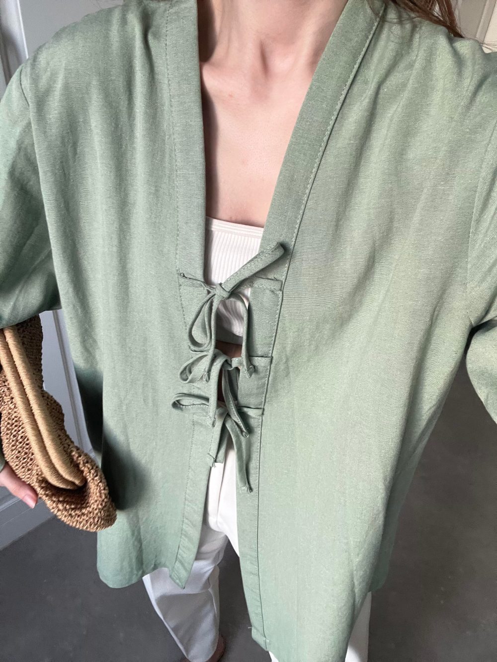 Önü Bağlamalı Mint Yeşili Keten Kimono - Görsel 3