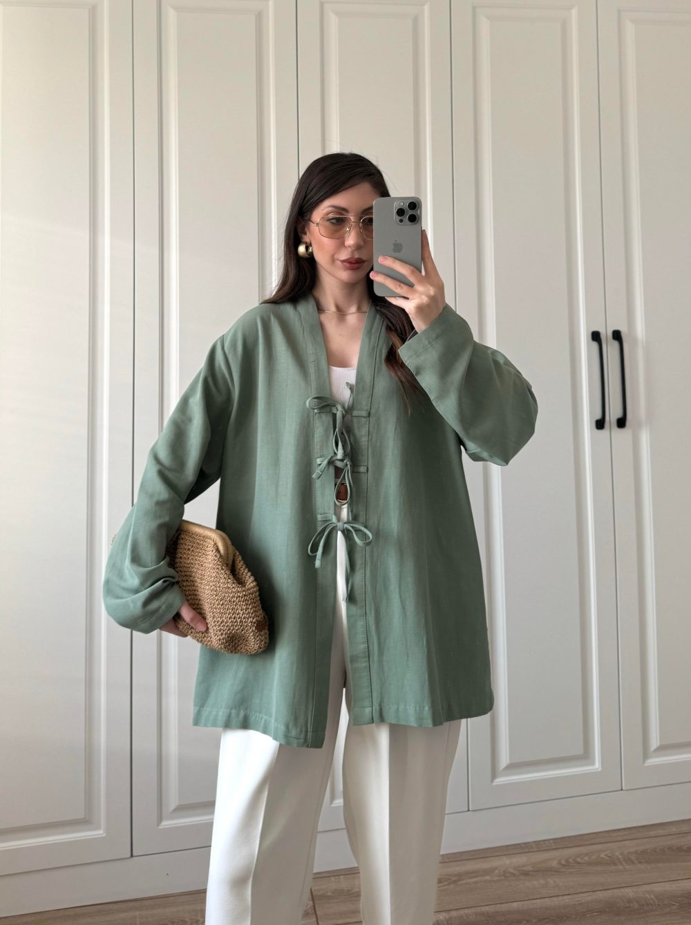 Önü Bağlamalı Mint Yeşili Keten Kimono